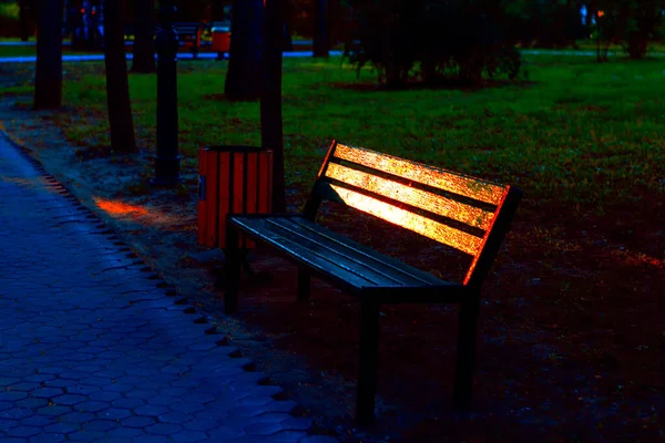 Bench Het Avondpark Met Lichtreflectie Beschilderde Planken Geen Mensen Het — Stockfoto