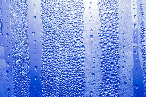 Eau Bleue Tombe Sur Verre Condensation Sur Surface Transparente — Photo