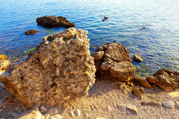 Coastal Scenery Big Rocks Pebble Beach Transparent Water People Seaside — Stock Photo, Image