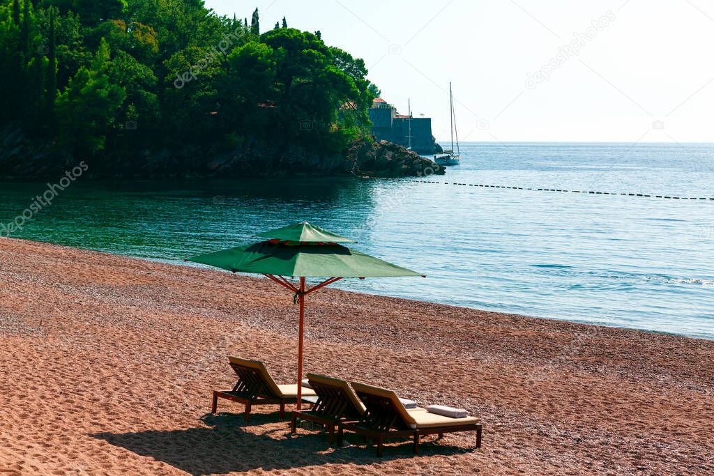 Nobody on the Luxury beach . Milocer beach at Adriatic Sea in Montenegro