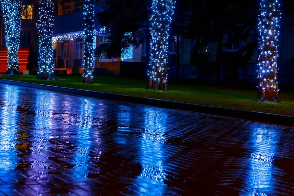 Árvores Decoradas Com Guirlandas Noite Natal Reflexão Iluminação Pavimento Molhado — Fotografia de Stock