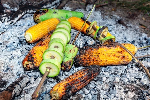피크닉에서 옥수수 주치니 채소로 모닥불 — 스톡 사진