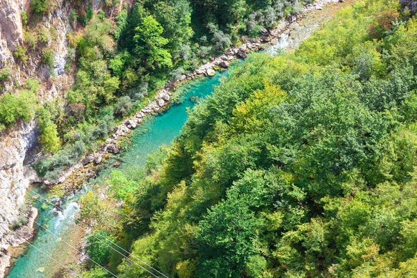 Treetops and Tara river , view from above . Spectacular view of forest and mountain river in Montenegro