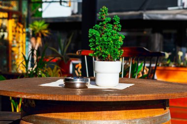 Açık kafe oturma alanında, üzerinde beyaz tencere minyatür ve peçetenin üzerinde kül tablası olan ahşap bir fıçı masa var. Bitkiler ve sandalyeler, rahat bahçe sahnesi sıcaklık ve kırsal cazibe yayıyor.