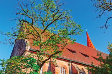 Almanya 'nın Nuremberg kentindeki Ortaçağ St. Jakob Kilisesi. Temiz bir gökyüzüne karşı yapraklı ağaç dalları tarafından çerçevelenmiş. Kırmızı kiremitli çatı ve sivri uçlu çan kulesi göze çarpıyor
