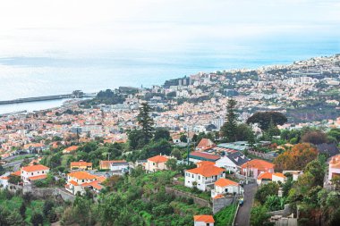 Portekiz 'in başkenti Funchal' ın havadan görünüşü, karakteristik kırmızı kiremitli çatıları var. Şehir beyaz binaları, geniş Atlantik Okyanusu 'na bakan sarp yeşil yamaçlara yayılırlar.