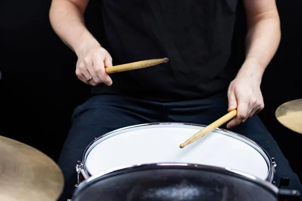 Professional Drum Set Closeup Man Drummer Drumsticks Playing Drums Cymbals — Stock Photo, Image