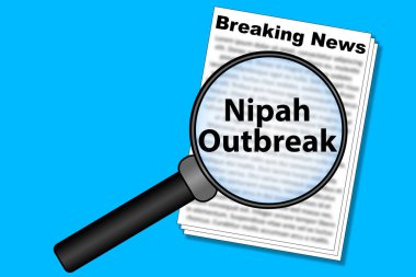Nipah Virüs salgınını bulanık gazete metninde vurgulayan büyüteçle flaş haber kavramı, salgın alarmı ve halk sağlığı krizini sembolize ediyor.