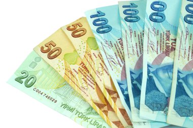  Türk Lirası (TL) beyaz zemin üzerine banknotlar. Para ve finansal konsept                          