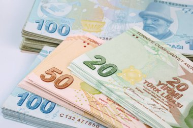 Türk Lirası (TL veya TL) banknotları. Para ve finansal konsept.                                                          