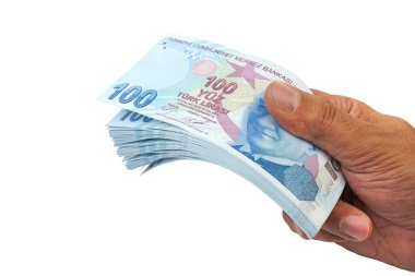     Avuçiçi Türk Lirası (TRY veya TL) banknotları beyaz arka planda lastik bantla tutturuldu. Para ve finansal konsept.                                                          
