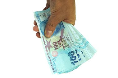     Beyaz arkaplan üzerine Avuçiçi Türk Lirası (TL) banknotları. Para ve finansal konsept.                                                          