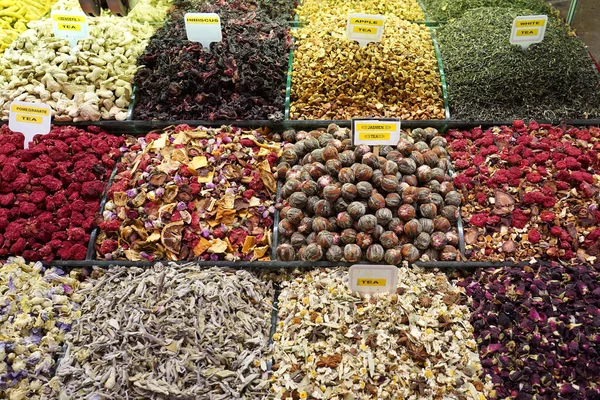 Various herbal tea and fruit teas in Turkish spice bazaar in istanbul
