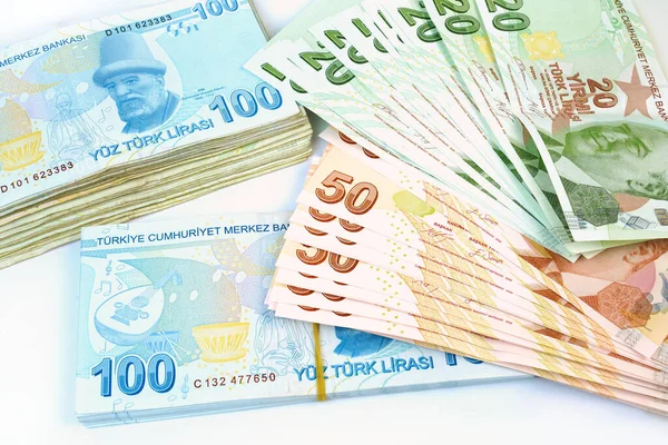 Banknoty Tureckiej Liry Try Lub Związane Gumką Białym Tle Koncepcja — Zdjęcie stockowe