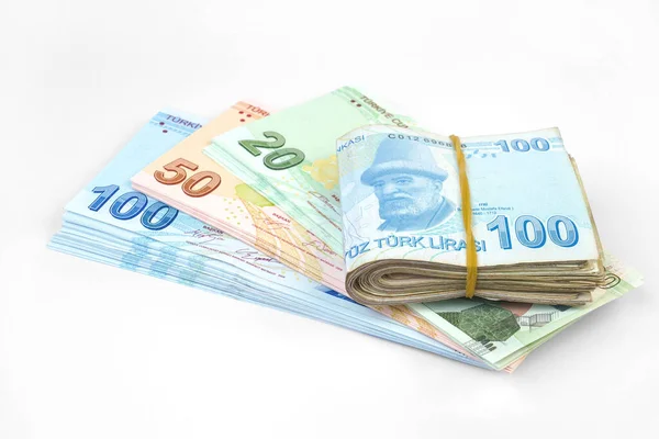 Τουρκικά Τραπεζογραμμάτια Lira Try Δεμένα Λαστιχένια Ταινία Λευκό Φόντο Χρήματα — Φωτογραφία Αρχείου