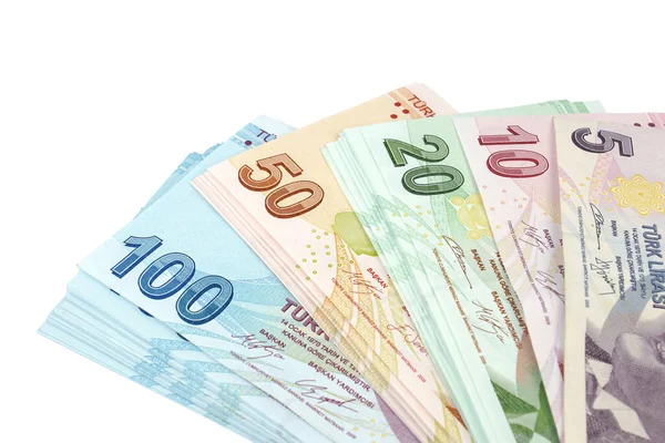 Turkse Lira Try Bankbiljetten Witte Achtergrond Geld Financieel Concept — Stockfoto