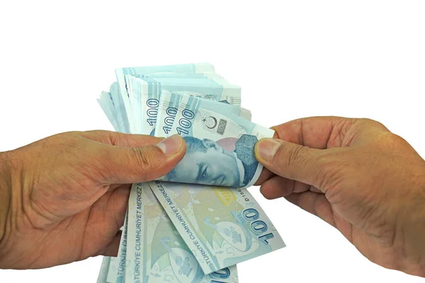 Man Couinting Handful Turkish Lira Try Banknoteson White Background Money — Stock Photo, Image