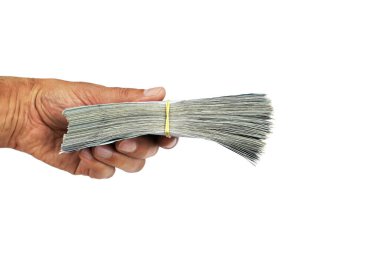            Beyaz arka planda lastik bantla tutturulmuş banknotlar. Para ve finansal konsept.                    