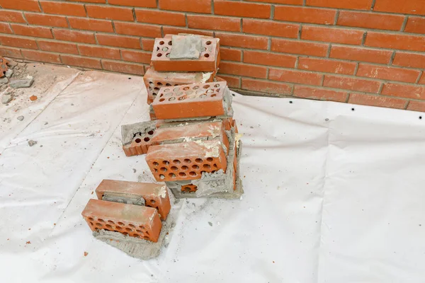 Builder Breaks Brickwork Wall Tool — Stock Photo, Image