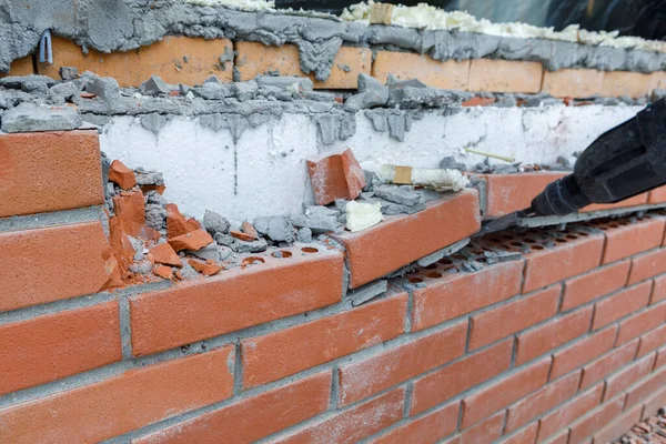 Builder Breaks Brickwork Wall Tool — Stock Photo, Image