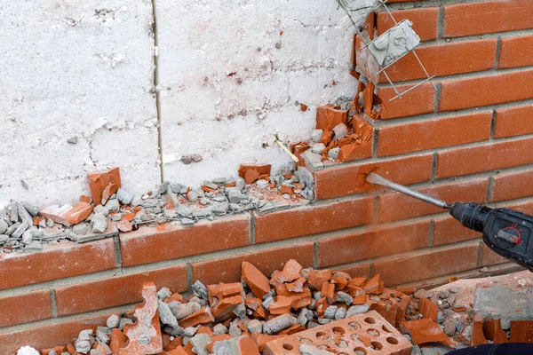 Builder Breaks Brickwork Wall Tool — Stock Photo, Image