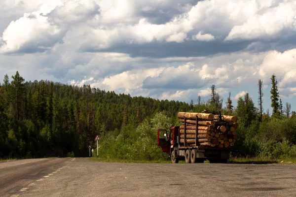 Carro carregado com madeira está na estrada — Fotografia de Stock