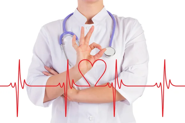 Doctor mano muestra todo está bien, el diagrama del corazón — Foto de Stock
