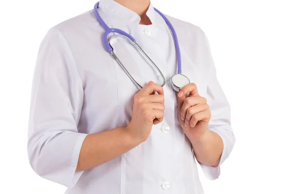 De arts houdt handen stethoscoop, witte achtergrond — Stockfoto