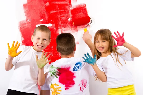 Boy and girl laughing coloring t-shirt father Stock Photo