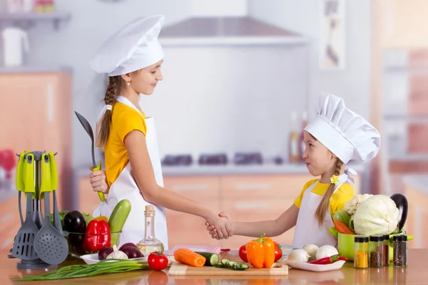 Dois alegres pequenos chefs apertam as mãos — Fotografia de Stock