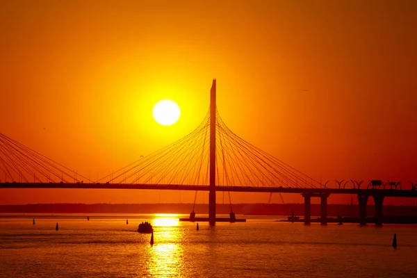 Sonnenuntergang Über Der Schrägseilbrücke Die Sich Flusswasser Spiegelt — Stockfoto