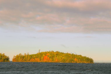 Gölde bir ada, ufukta orman, bir sonbahar gününde bulutlu bir gökyüzü ile kaplanmış.