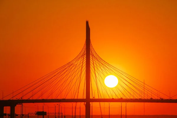 the setting sun among the cables of the cable-stayed bridge at sunset