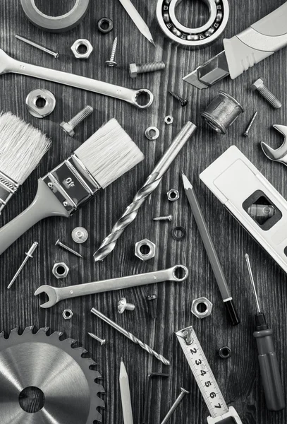 Conjunto de ferramentas e instrumentos sobre madeira — Fotografia de Stock