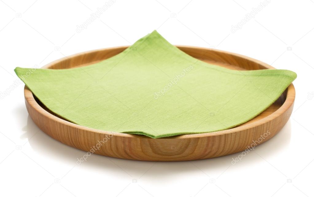 wooden tray and napkin on white