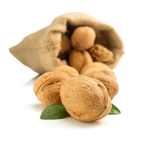 Орехи в мешке на белом фоне — стоковое фото