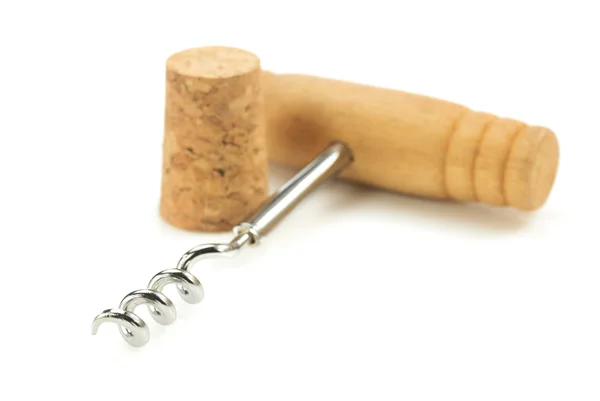 Corkscrew and wine cork on white — Stock Photo, Image