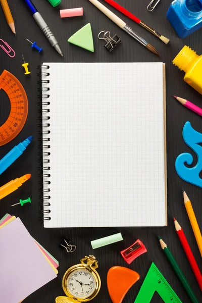 School supplies and notebook on wood — Stock Photo, Image