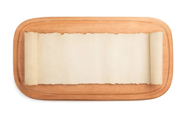 Cutting board and parchment on white — Stock Photo, Image