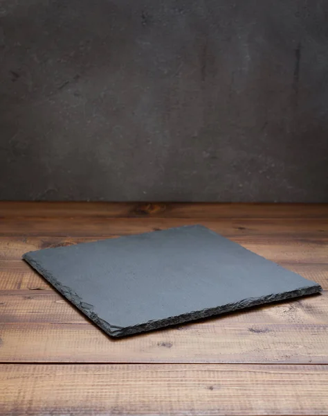 Slate Stone Tray Wooden Table Wall Background Texture — 스톡 사진