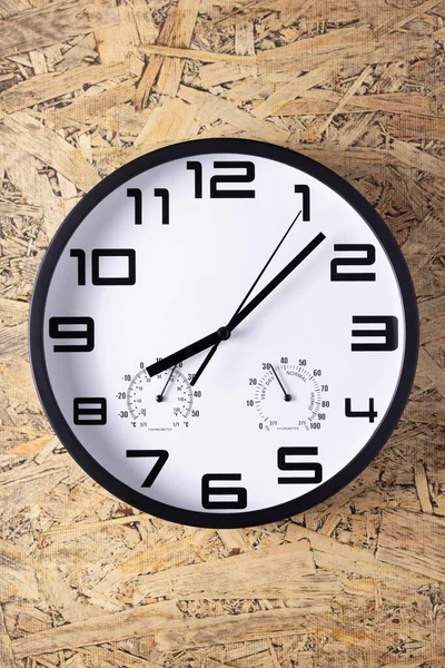 Relógio Relógio Aglomerado Madeira Textura Fundo Superfície Parede Vista Superior — Fotografia de Stock