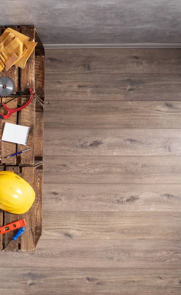 Set Von Werkzeugen Und Konstruktionsinstrumenten Auf Holzboden Hintergrund Arbeiten Reparatur — Stockfoto