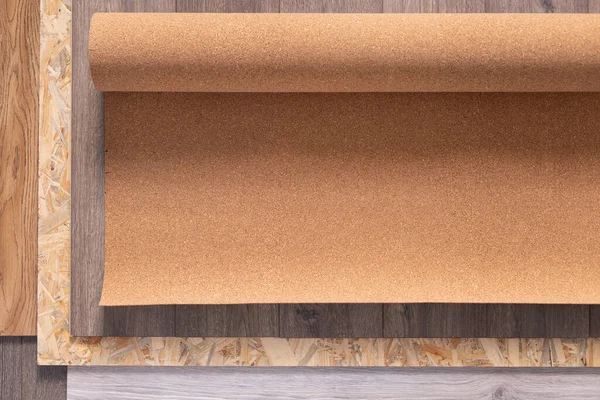 Suelo Laminado Rollo Corcho Sobre Madera Osb Textura Fondo Tablón — Foto de Stock