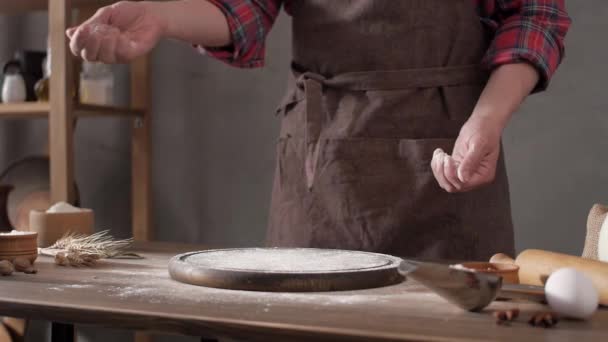 Baker Man Making Dough Bakery Ingredients Homemade Bread Cooking Table — Stock Video