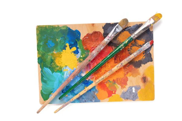 Pinsel Und Palette Für Kunstmalerei Isoliert Auf Weißem Hintergrund Pinsel — Stockfoto
