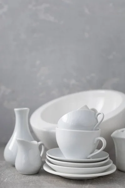 Empty Crockery Set Ceramic Dishes White Kitchen Dishware Tableware Table — Stock Photo, Image