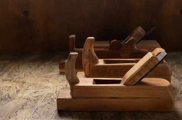 Holzbearbeitungswerkzeuge Auf Holztisch Holzhobel Tischler Zimmerer Werkzeuge Oder Tischler Werkzeug — Stockfoto