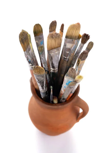 Paint Brush Clay Jug Art Painting Isolated White Background Paintbrush — Stock Photo, Image