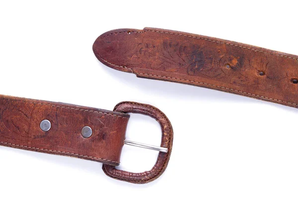 Dark Brown Leather Belt Isolated White Background Old Shabby Belt — Stock Photo, Image
