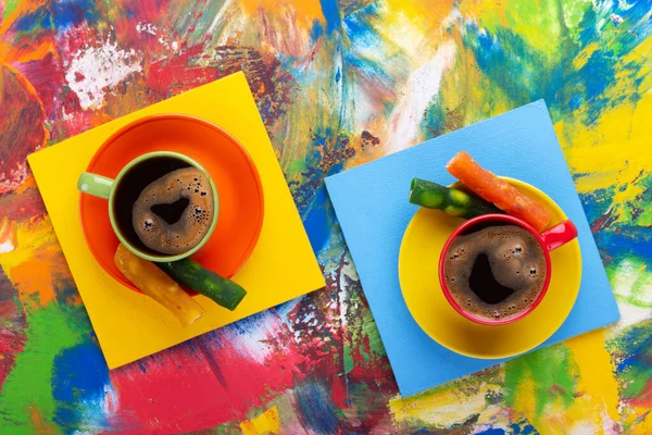 Filiżanka Kawy Kandyzowane Owoce Kolorowe Abstrakcyjne Tekstury Tła Koncepcja Przerwy — Zdjęcie stockowe
